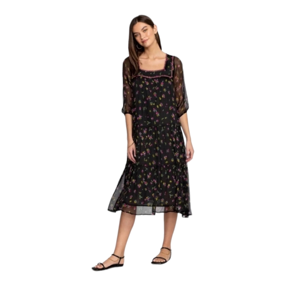 Johnny Was Silk Paige Midi Dress in Black Floral‎ - Size XS